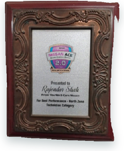 Framed Nissan ACE 2.0 plaque for best performance, North Zone technician category, presented to a YouWe technician