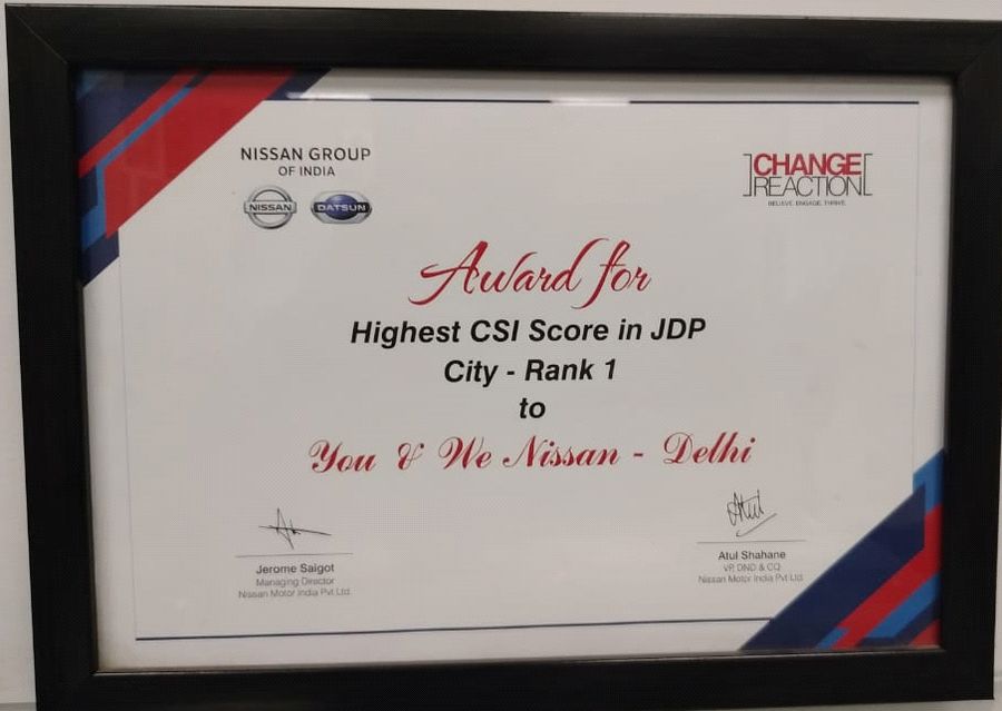 Nissan Group of India certificate: award for highest CSI score in JDP, city rank 1, to You and We Nissan, Delhi