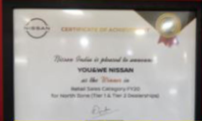 Nissan India certificate of achievement: YouWe Nissan, winner, retail sales category FY20, North Zone, Tier 1 and Tier 2 dealerships
