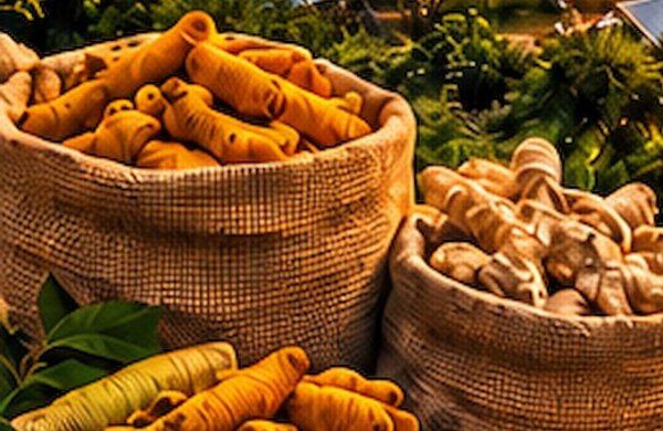 Sacks of turmeric and ginger (illustrative)