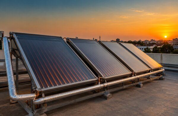 Rooftop solar thermal collectors at sunset (illustrative)
