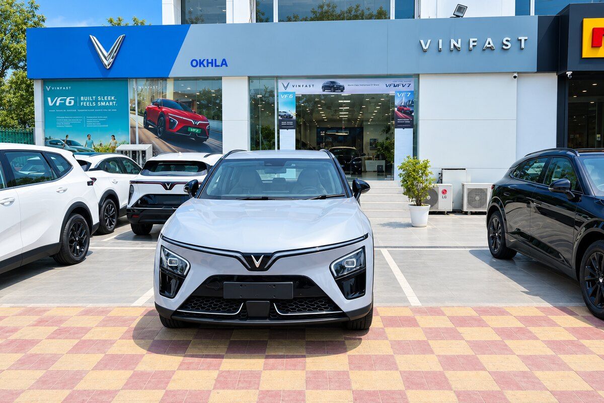 YouWe VinFast Okhla showroom with a silver VF 6 parked in front